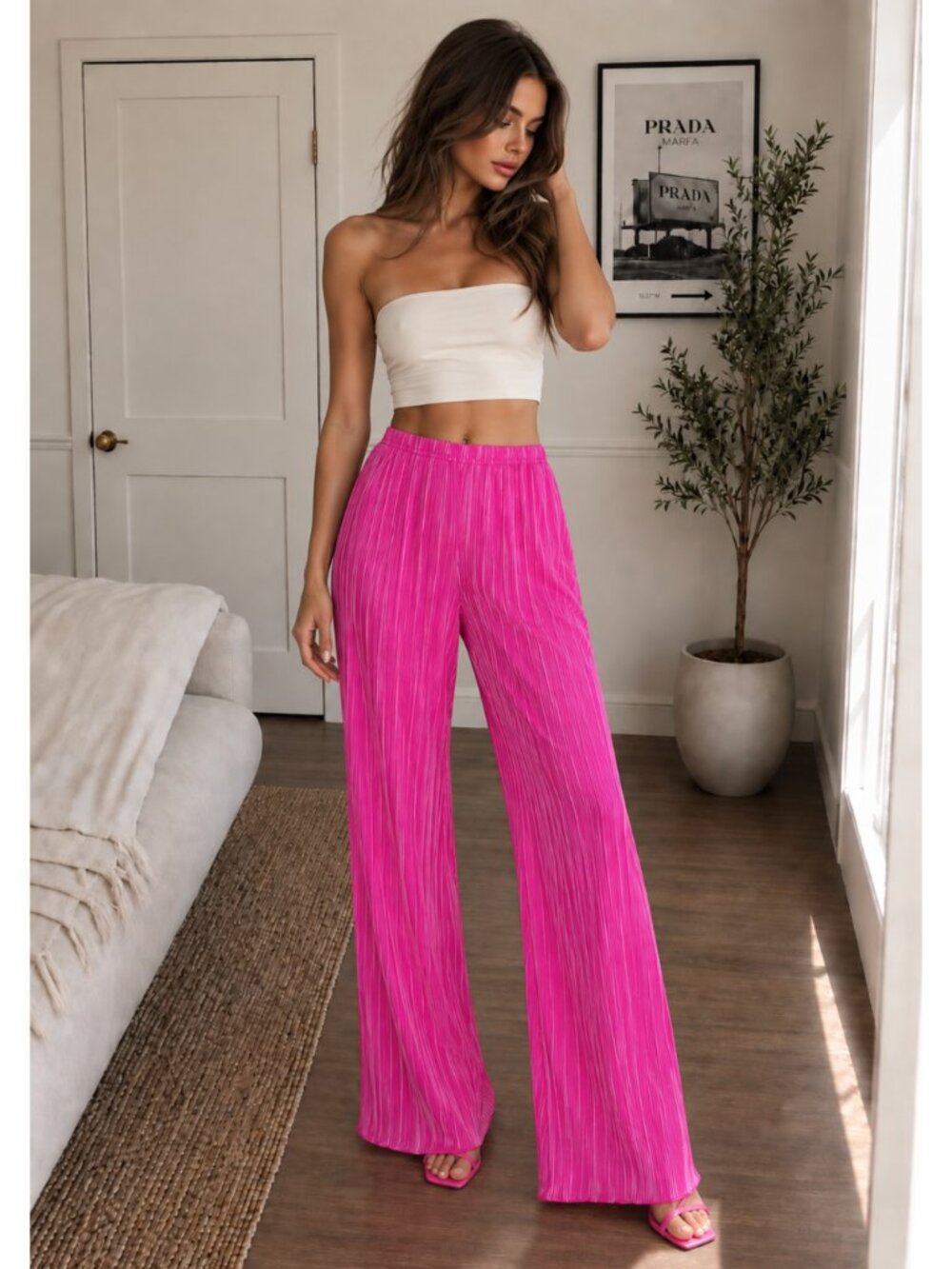 Good American Always Fits Plisse Pants 3/4 Fuchsia Pink Wide Leg $99